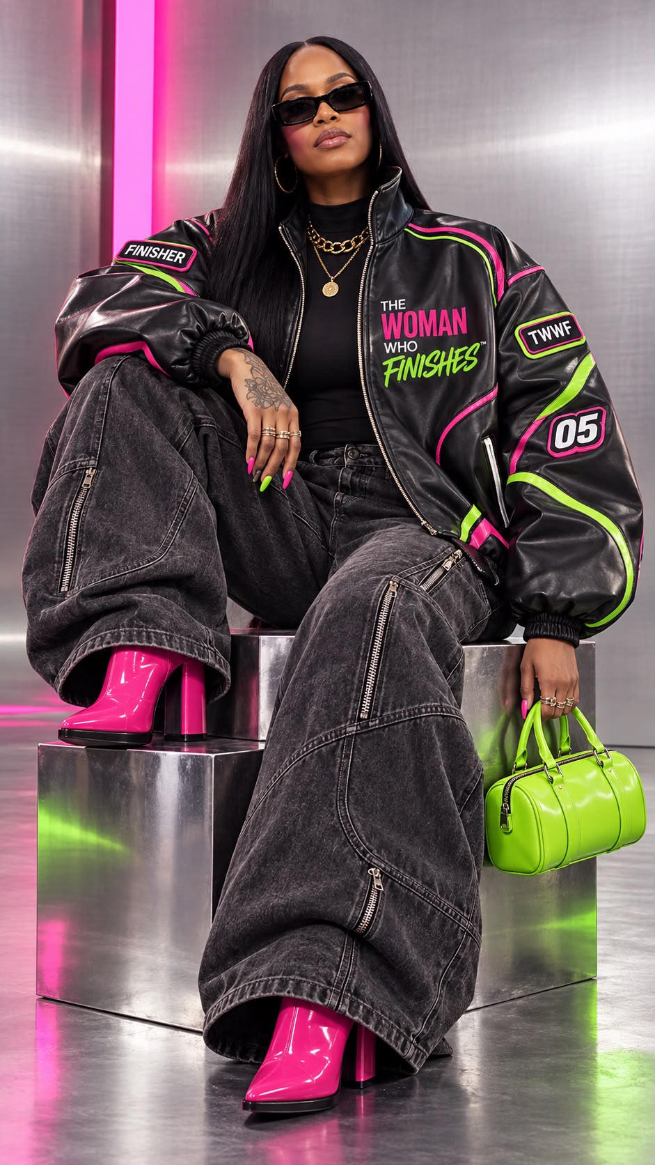 Melanie wearing The Woman Who Finishes jacket