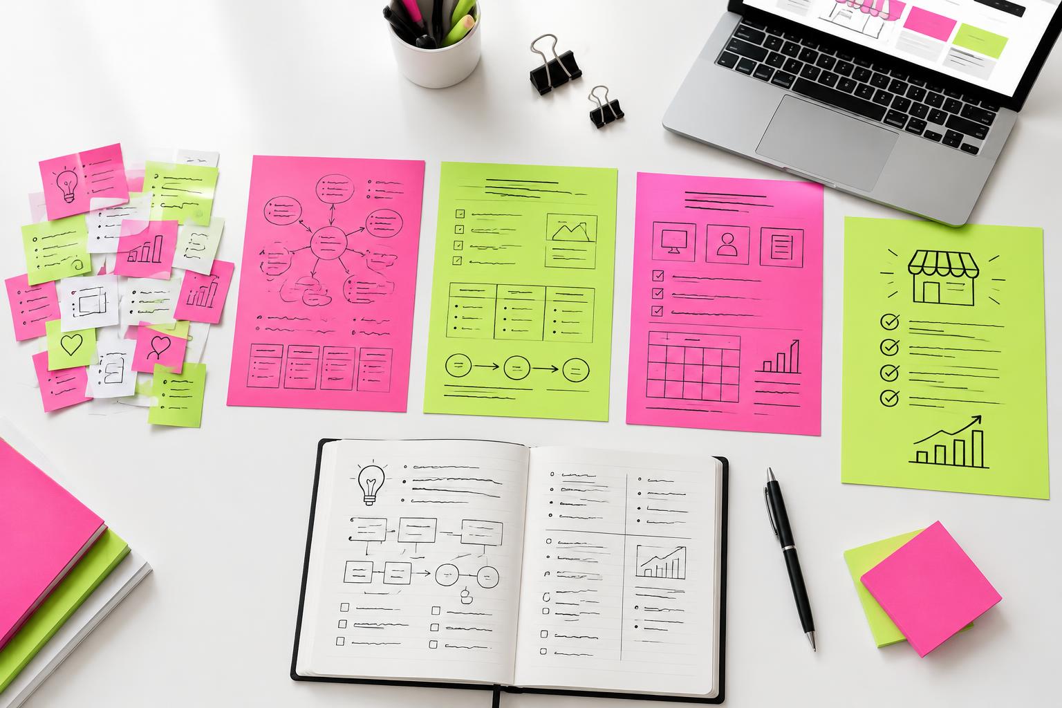 Scattered idea notes organized into a pink and lime offer plan beside a workbook and laptop