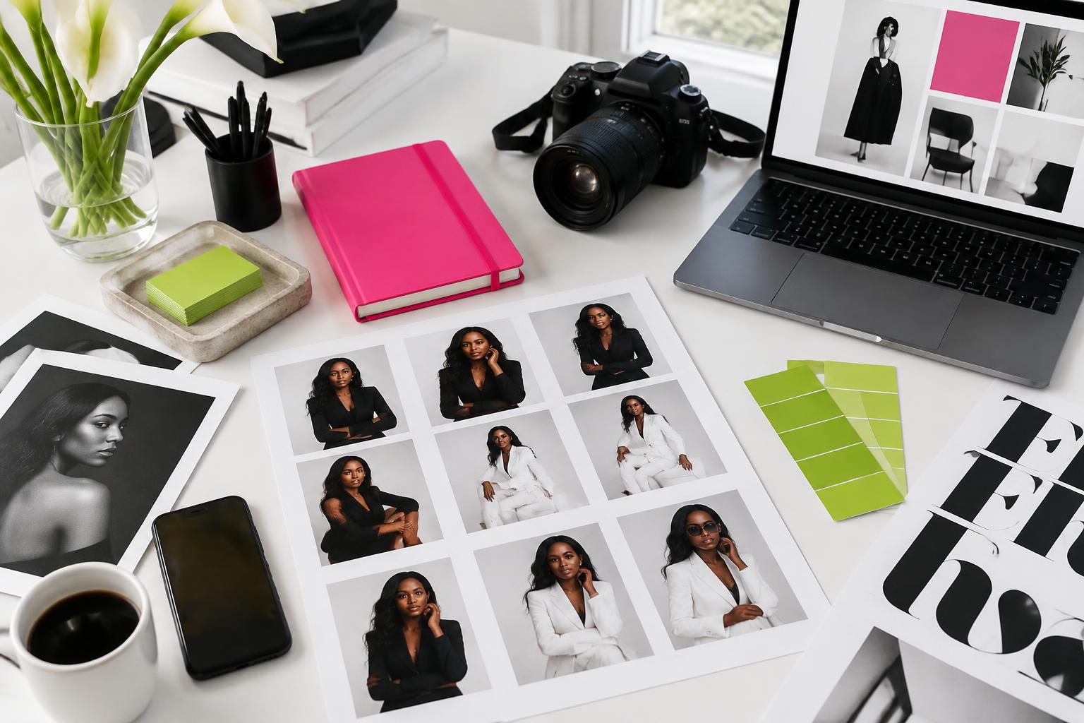 An illustrative brand studio with portrait contact sheets, a camera, and pink and lime creative materials