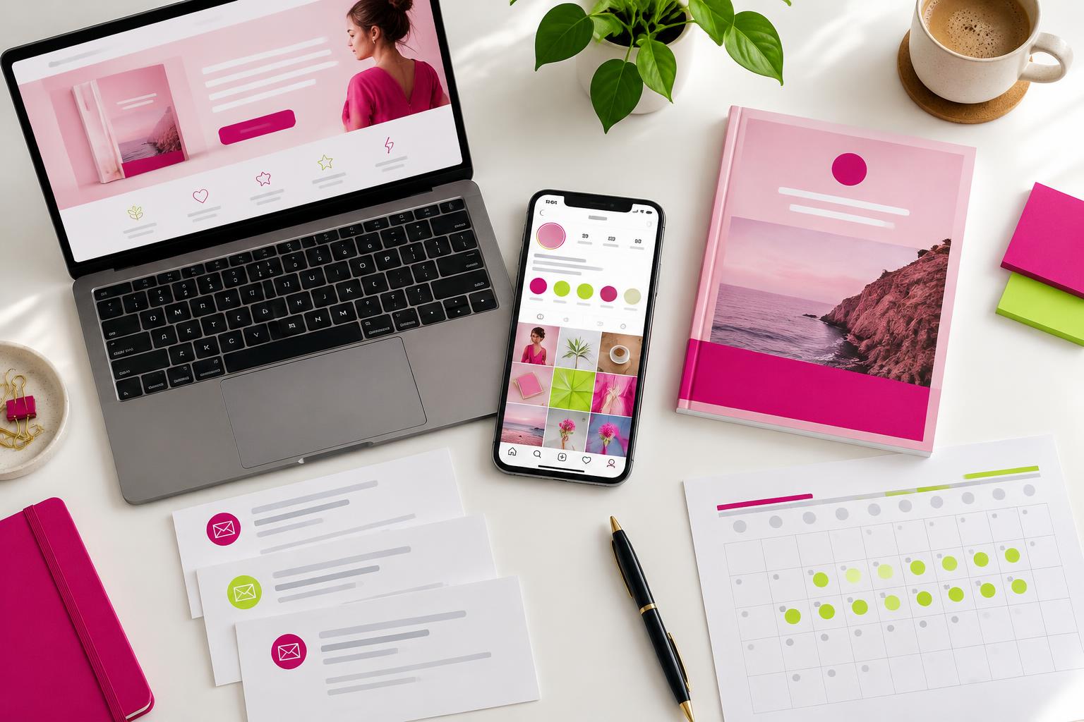 Branded e-book, Instagram profile, sales page, and launch calendar laid out together