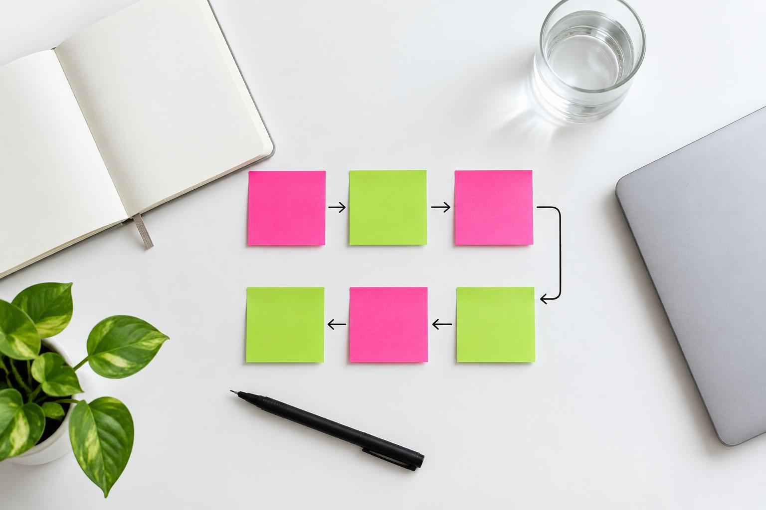 Pink and lime notes connected as a strategy roadmap on a bright workspace